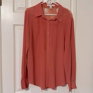Coral pleated button up lace blouse